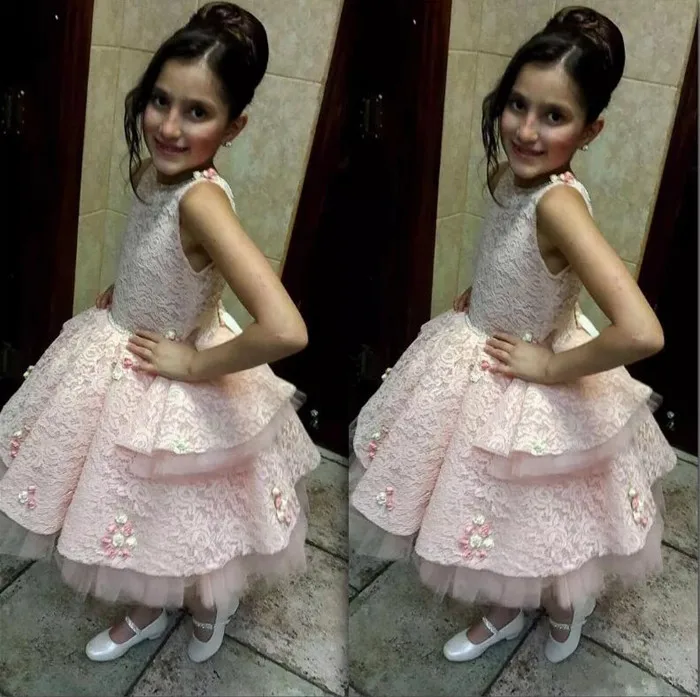 

Pink Lace Flower Girls Dresses for Weddings Jewel Neck 3D Flowers Kids Pageant Dress Girls Birthday Gown