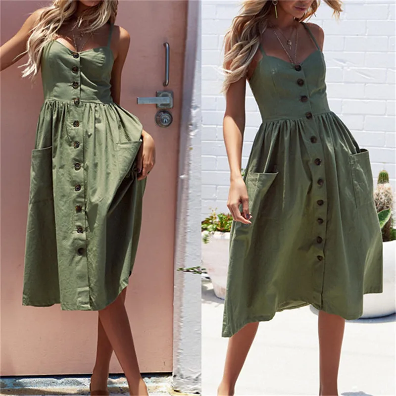 Green Single-breasted Plus Size Casual Beach Dress Women Spaghetti Strap Long Summer Dress Sexy Backless V-Neck Party Vestidos