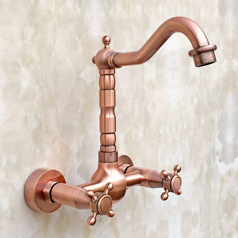 

Antique Red Copper Wall Mounted Swivel Spout Bathroom Sink Faucet Double Handle Mixer Tap Wall Mounted zrg031