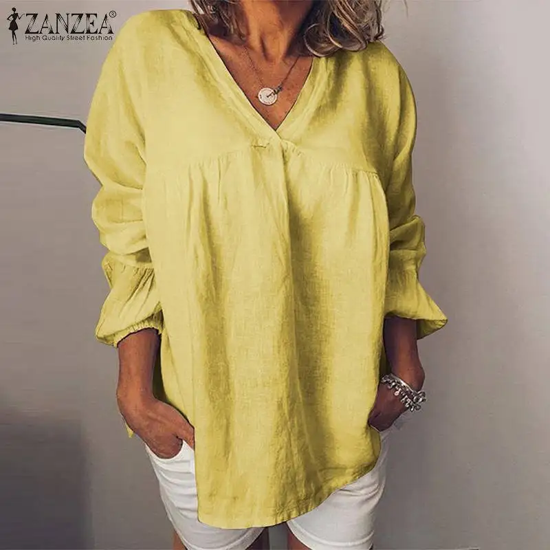 

2019 ZANZEA Women's Summer Blouse Sexy V Neck Tops Elegant Causal Long Sleeve Shirts Female Solid White Blusas Plus Size Tunic