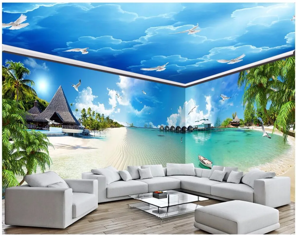  3d  room wallpaper  custom  photo Blue sea beach full house 