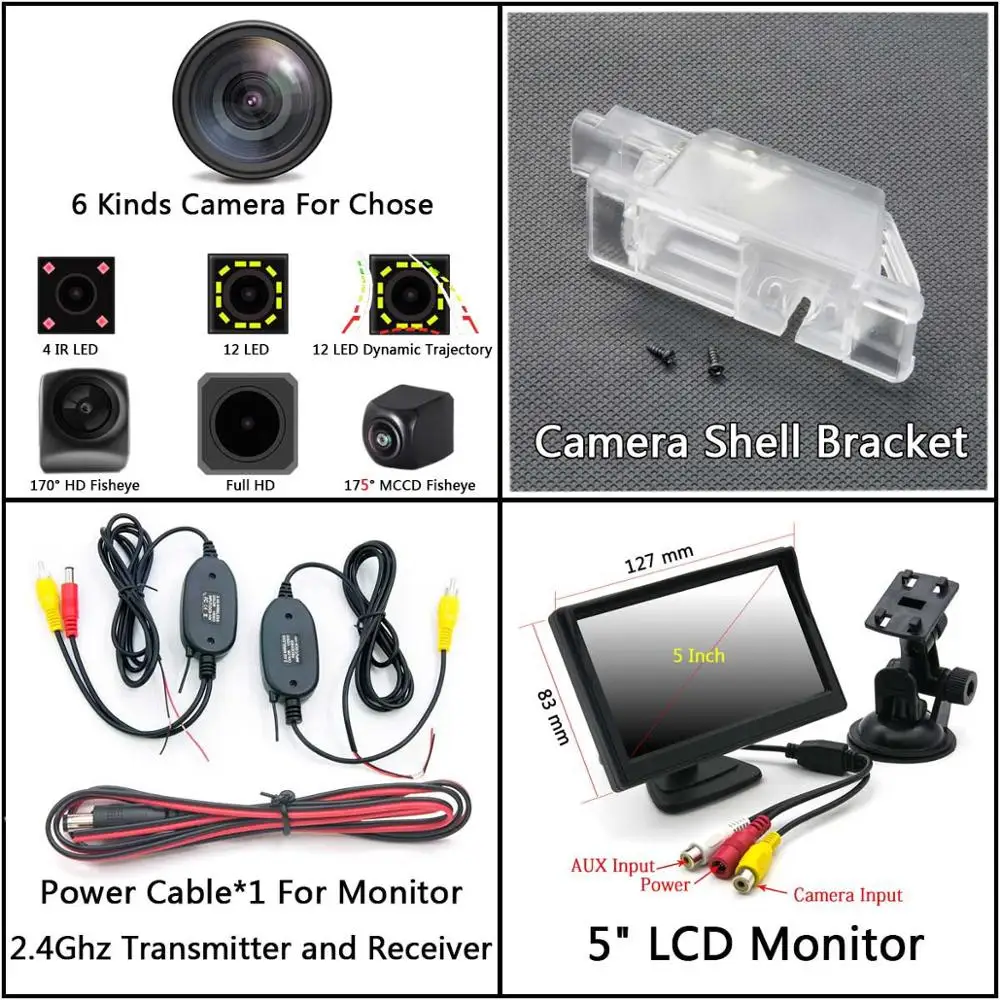 175 градусов MCCD типа «рыбий глаз» 12LED HD камера заднего вида Камера для Citroen C5 C4 peugeot 301 308 408 508 седан C5 307 хэтчбек 307CC автомобиля - Название цвета: Cam Wireless 5 LCD