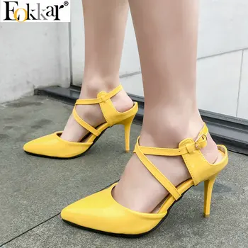 

Eokkar 2019 Women Thin Hgh Heel Pumps Patent Leather Pointed Toe Stiletto Ankle Strap Slingback Ladies Pumps Big Size 34-45