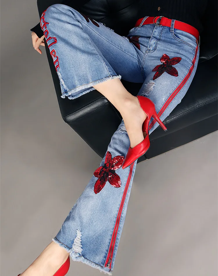 Винтажные эластичные расклешенные джинсы с вышивкой буквами и высокой талией, модные женские длинные узкие джинсовые штаны с блестками и дырками