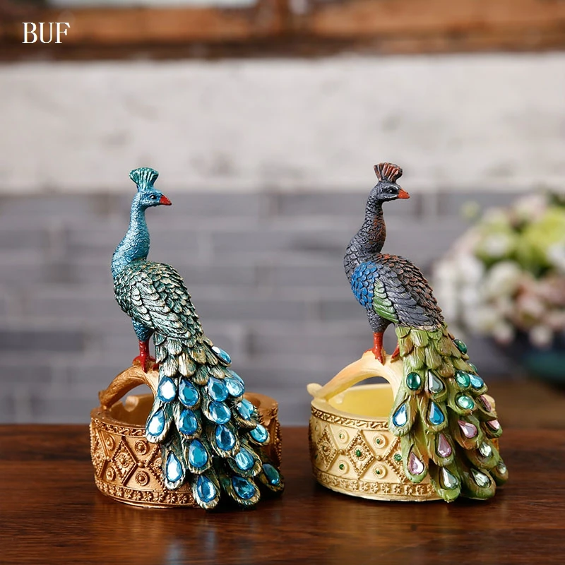 

BUF Resin Craft Peacock Statues For Decoration Colorful Peacock Statue Ashtray Creative Home Decoration Animal Ashtray