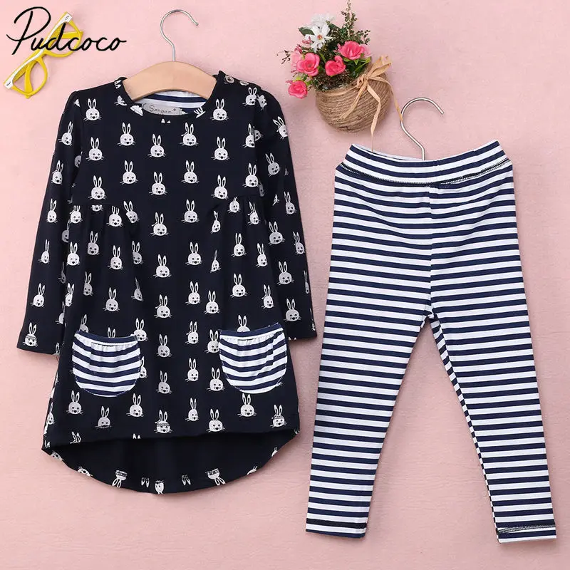 

2Pcs Baby Girls Bunny Print Blouse Dress+Leggings Pants Set Kids Clothes Outfits Easter Costume 1-6Y
