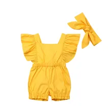 Одежда для маленьких девочек; комбинезон без рукавов с рюшами и квадратным воротником; однотонная повязка на голову с бантом; Милый хлопковый наряд из 2 предметов