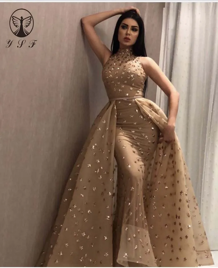 

Arabian Design Vestidos De Formature Gold High Collar Sleeveless Bling Bling Mermaid Prom Dresses with Overskirt