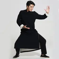 Черный китайский Для мужчин перекрестные помехи эскиз повествование производительность Костюмы длинные Хлопковое платье халат платье