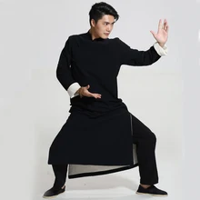 Nero Uomo Cinese Crosstalk Schizzo Storytelling Prestazioni Abbigliamento Abito Lungo In Cotone Robe Dell'abito Due Lati Kung Fu Tai Chi Tops