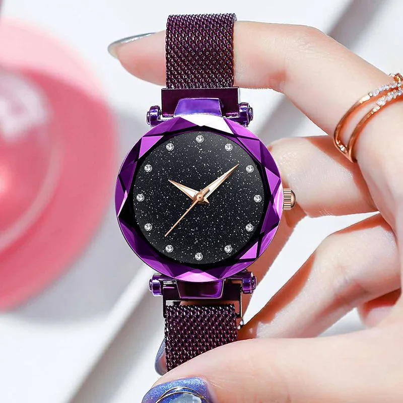 

New Starry Sky Watch Women Quartz Rose Gold Fashion Dimond Magnetic Mesh Geometry Crystal Flower Mirror Relogio Feminino Gifts