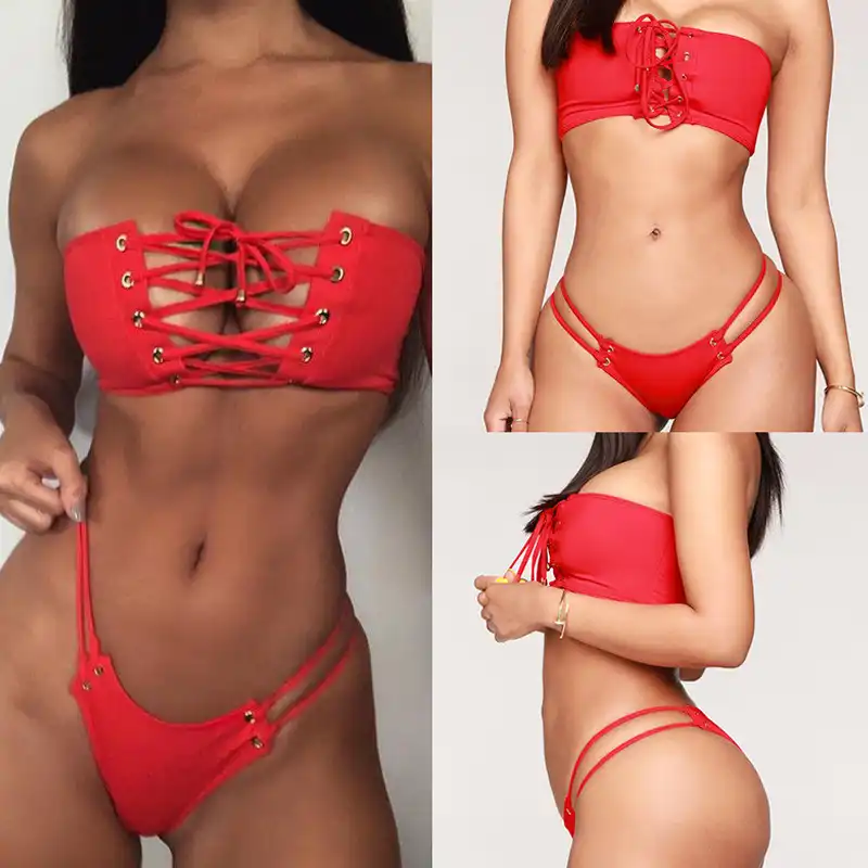 red bandeau bathing suit