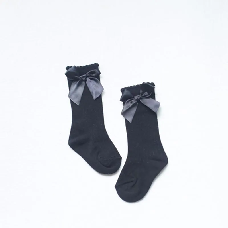 Милые детские носочки для девочек детские длинные носки с вертикальной полоской носки принцессы до колена с бантом S01 - Цвет: Черный