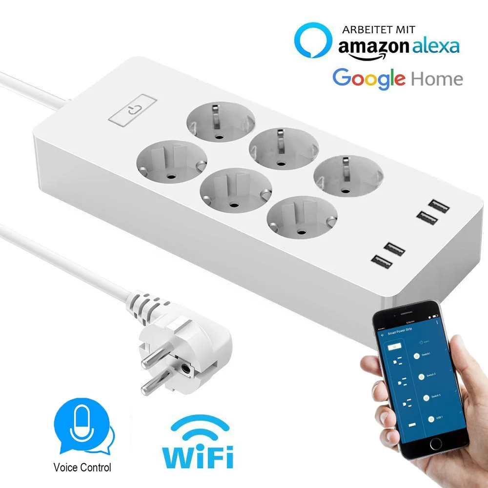 WiFi Smart power Strip EU Plug Защита от перенапряжения 6 розеток С usb-портом переключатель дистанционного управления совместимый с Alexa Google Assistant