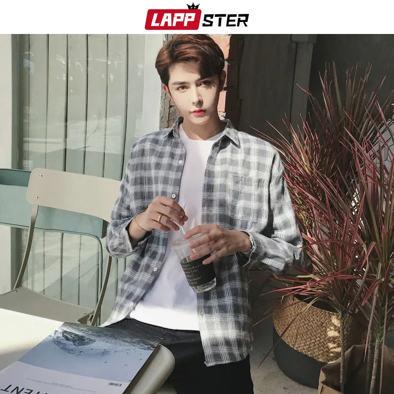 

LAPPSTER Men Korean Causal Plaid Shirts Long Sleeve 2019 Mens Button Vintage Shirt Male Cotton High Quality Summer Clothing