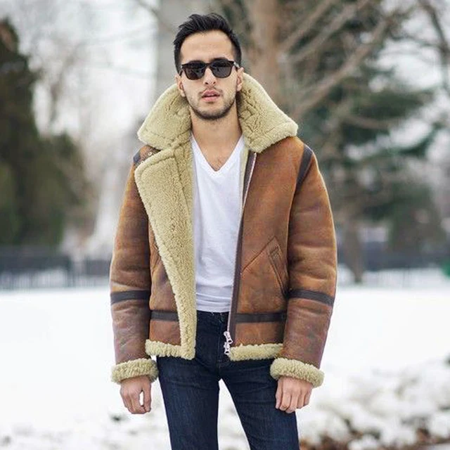 Real Sheepskin Fur Flying Coat Genuine Sheep Shearling Jacket Male