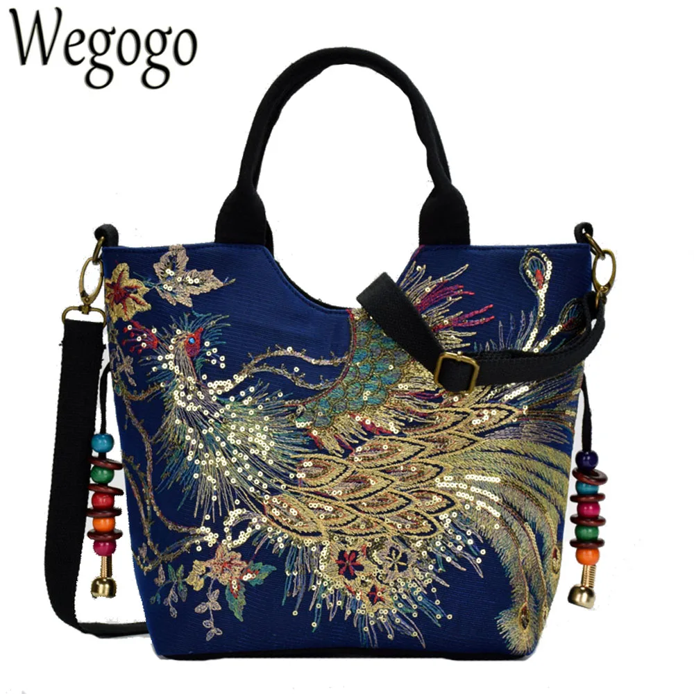 

Shiny Sequins Peacock Embroidered Women Canvas Totes Bag Summer Shopping Shoulder Messenger Bags Vintage Beaded String Handbag