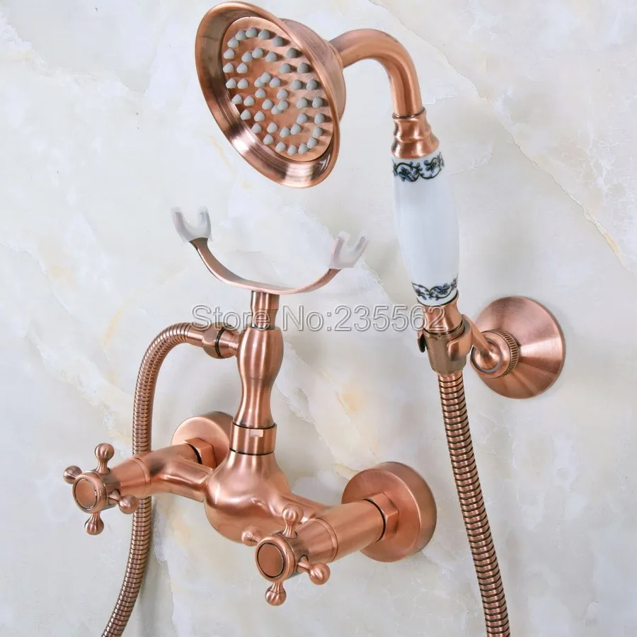 

Antique Red Copper Bath Shower Faucets With Hand Sprayer Shower Head Bathroom Tap lna346