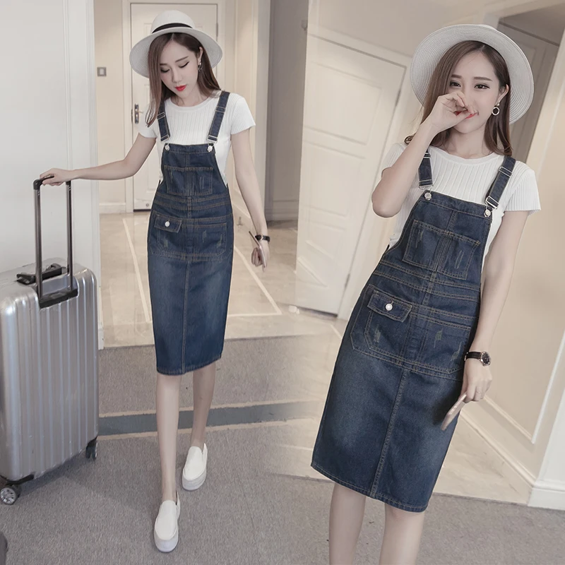 

Ailegogo New Women Plus Size 5XL Suspenders Denim Skirt Casual Fashion Medium Long Blue Skirts Patchwork Pocket Slim Skirts