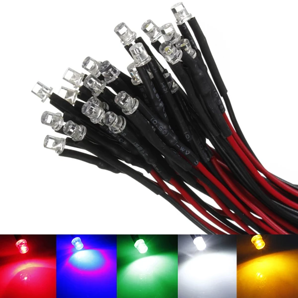 

20cm Pre Wired LED Light Bulb 3mm 12V DC Colorful White Red Blue Green Yellow Light