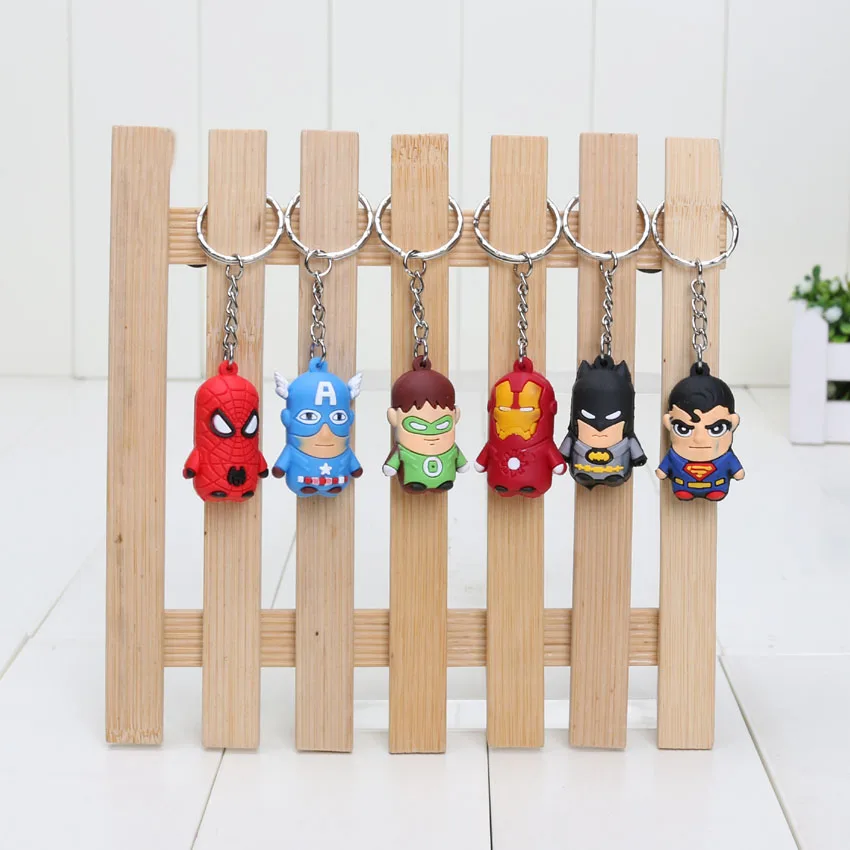 

6pcs/lot The avengers Iron Man keychain Pendant cellphone strap Captain America Spider Man Super Man Bat Man Figures