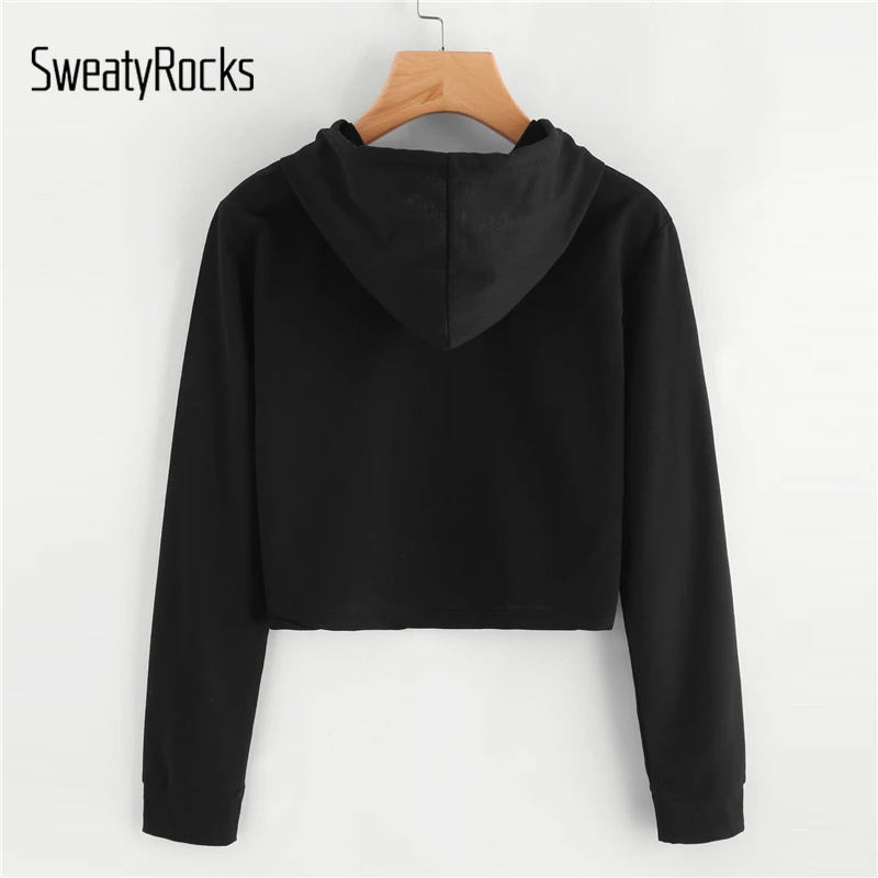 SweatyRocks, черные толстовки с надписью, женская одежда с длинным рукавом, повседневные пуловеры, Толстовка на шнурке