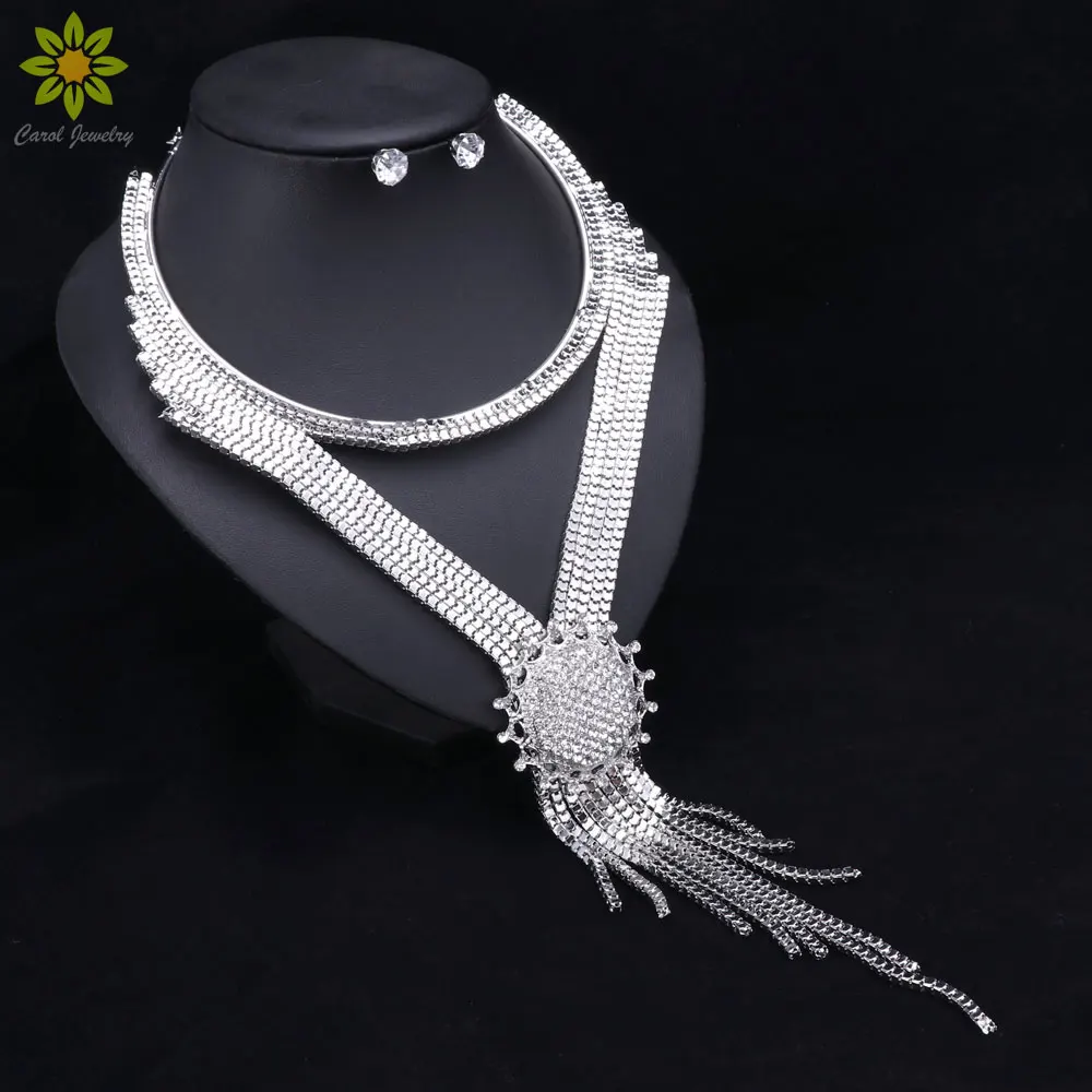 Rhinestone Crystal Bridal Jewelry Sets Long Tassels Necklace Earrings