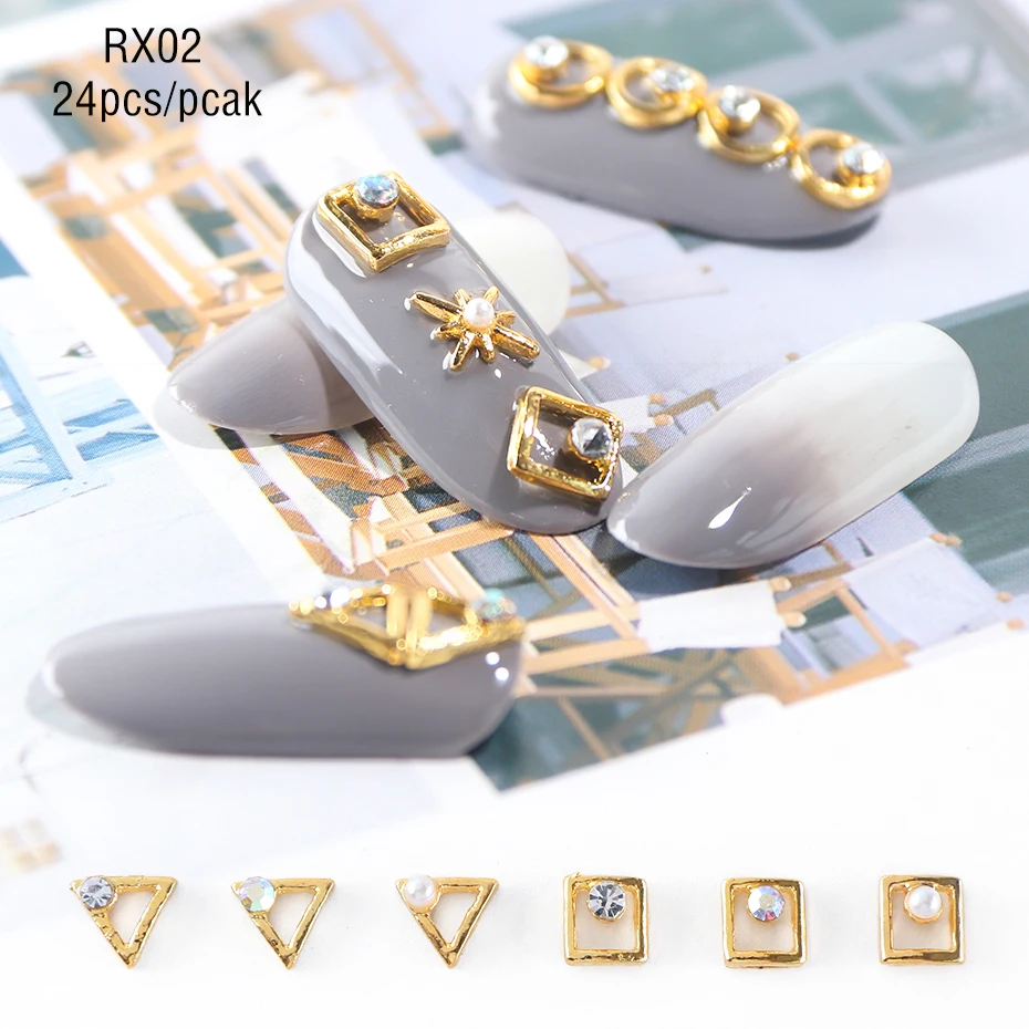 24pc Gold 3D Nail Art Decorations Charm Alloy Metal Set Mixed Star Moon AB Rhinestones Jewelry Frame Rivet DIY Accessories LA971 (12)
