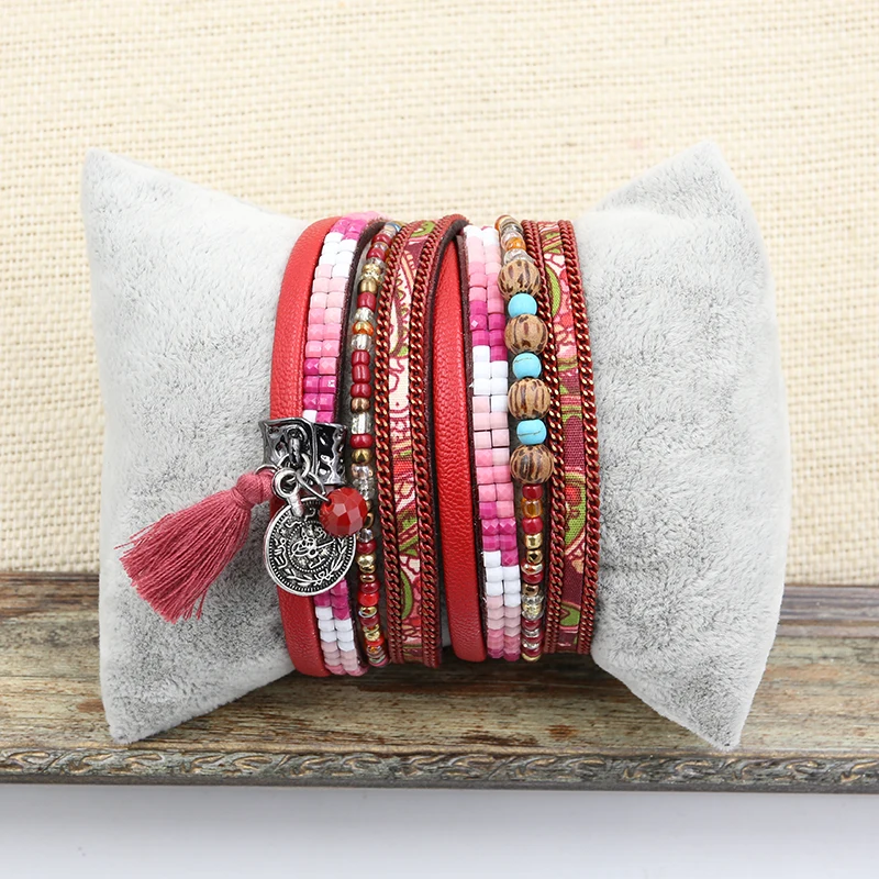STRATHSPEY Bracelet PU Bracelets &Bangles For Women Pulseira Multi Rows Resin Flora Print Fabric And Beads Tassel Wrap Bracelet