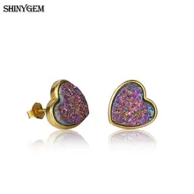 ShinyGem 10 мм милые серьги из друзы с камнем Золото Цвет/925 пробы серебряные серьги-гвоздики Любовь Сердце натуральный камень серьги для женщин