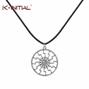 Kinitial 1Pcs Antique Silver Slavic Amulet Black Sun Symbol Pendant Necklace Pagan Leather Statement Chocker Necklaces Jewelry