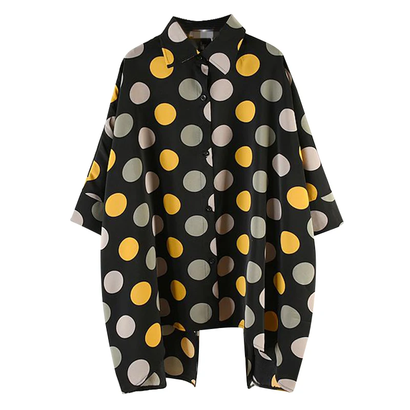 

[EWQ] 2019 Spring Summer New Pattern Laple Short Sleeve Dot Print Single Single Breasted Vintage Shirt Women AG35701