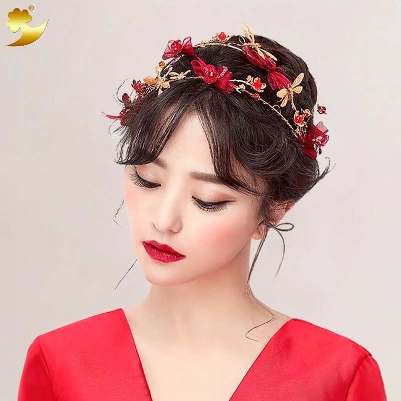 XinYun Gold Plated Hairband Crystal Crown Lace Material Girl Hair band Flower Headpiece Korean Hair Accessories
