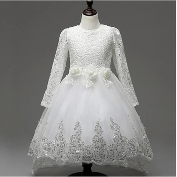 

Baby Girls Lace Dress Long Sleeve White Flower Princess Party Dresses With Trailing Cute Bow for 3-12 Years Old Children Cotton