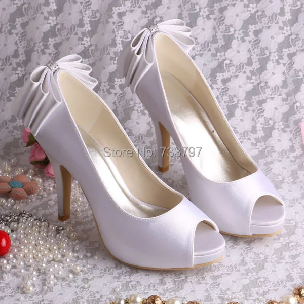 Wedopus Luxury White Heels for Women Platform Peep Toe Back Bow Wedding Shoes Custom