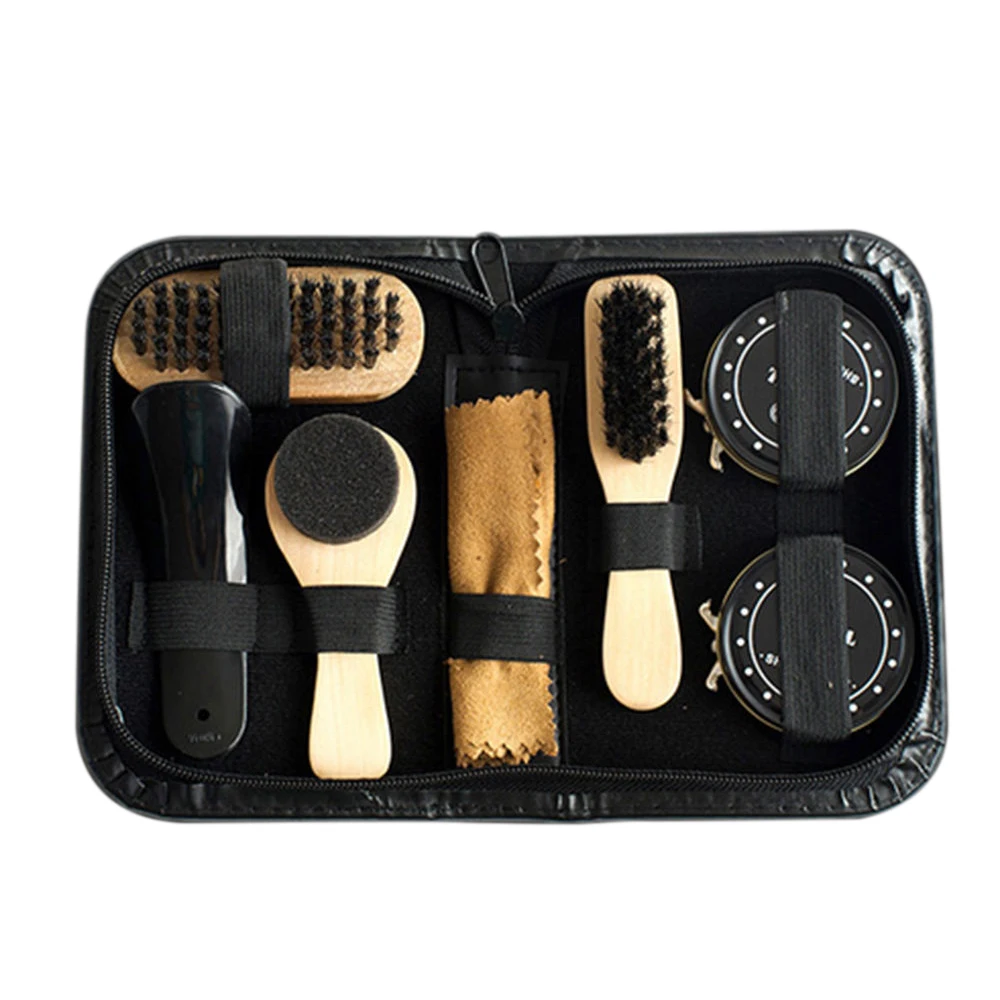 8pcs//set Shoe Care Kits Cleaning Shine Polish Brushes Set with Iron Tin Box