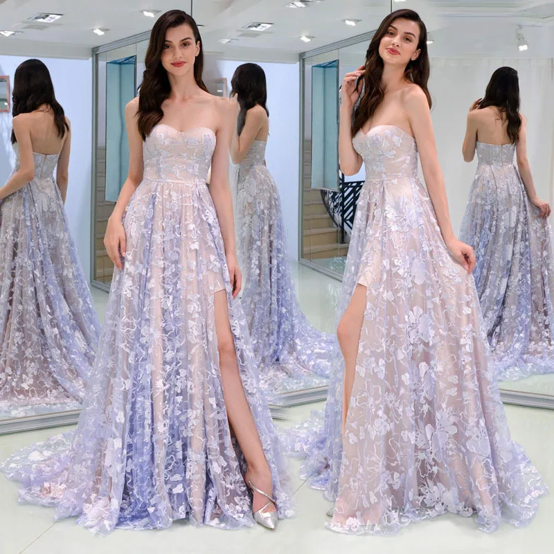 

Women Noble Elegant Dress Sexy Lace Bra Open Dresses Long Light Purple Party Dress Women Night