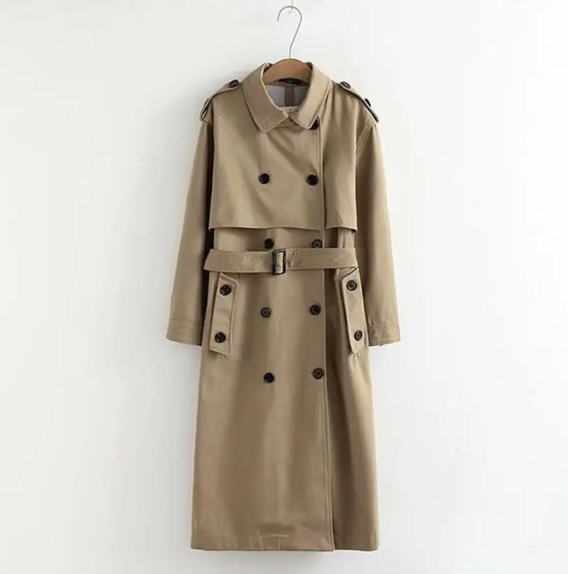 

2019 Spring Women Khaki Trench Double Breasted Long Trench Women Elegant Coat