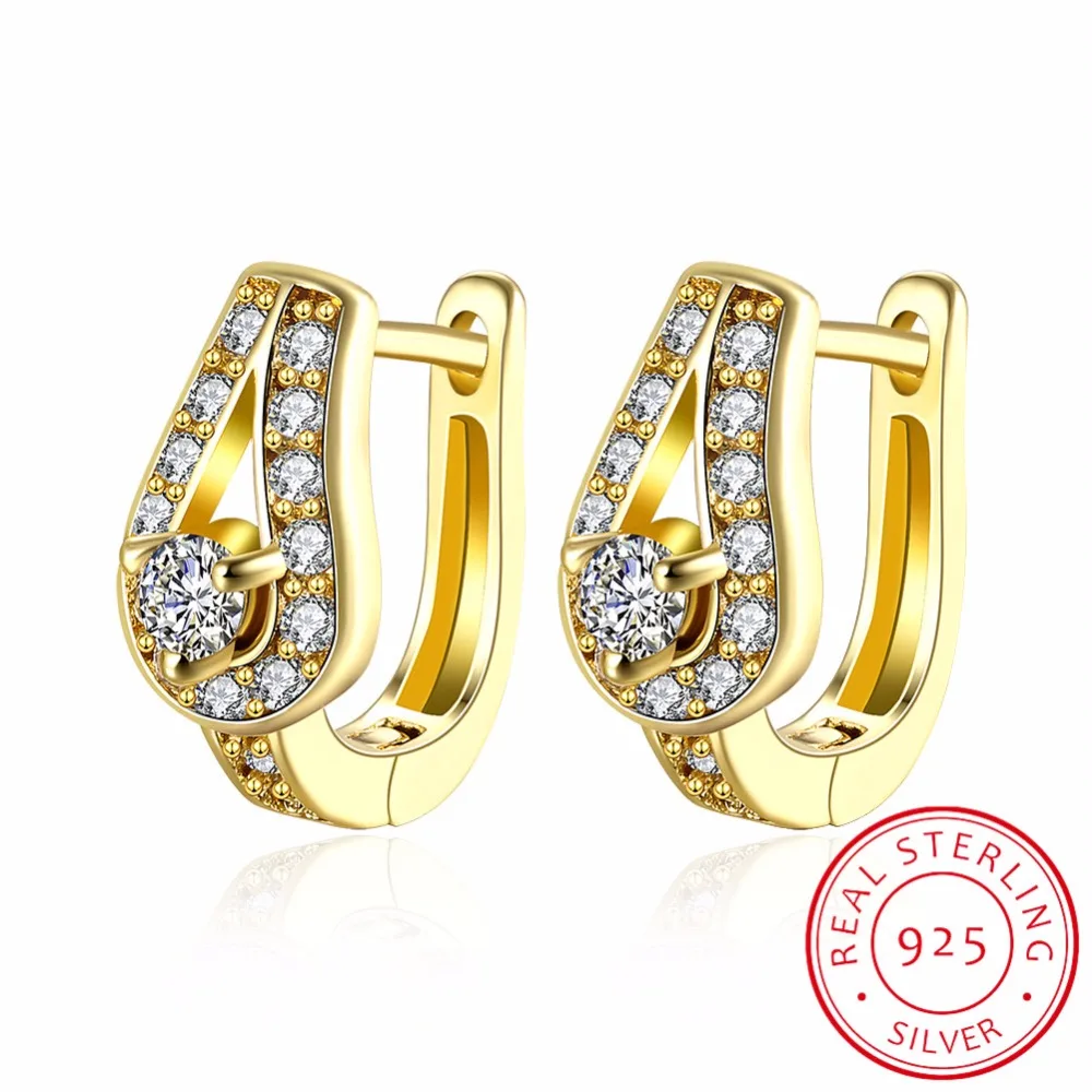 LEKANI 925 Sterling Silver Gold Color CZ Crystal Horseshoe Stud