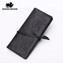 Bison denim echtem leder vintage schwarze brieftasche tasche, lange brieftasche mode dollar preis lange mans geldbörsen n4369
