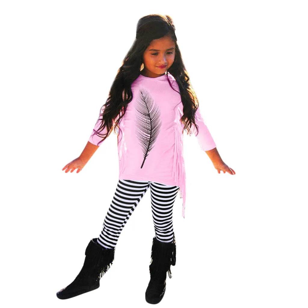 

Toddler Baby Girls Long Sleeve Tassel Feather Print Tops+Striped Pants Outfit clothes