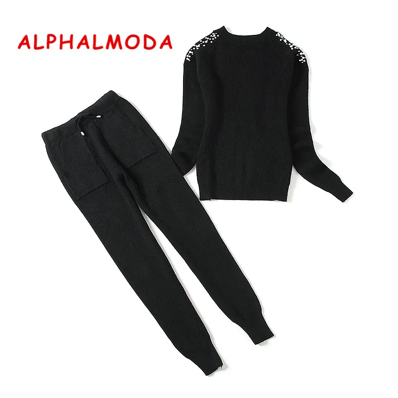 ALPHALMODA 2018 зимний женский свитер с открытыми плечами и бисером комплект из 2