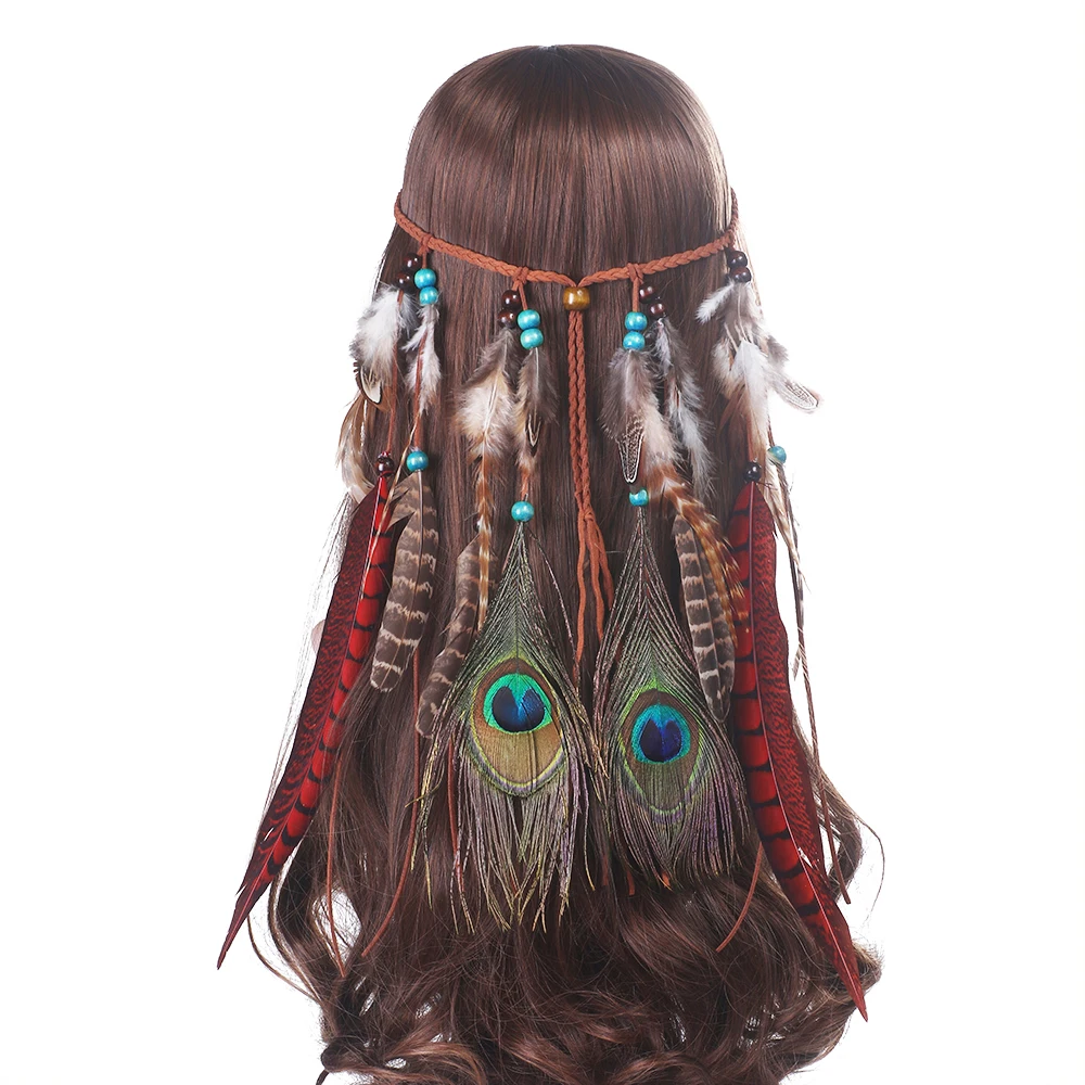 Повязка на голову, AWAYTR, Хэллоуин, Женский ободок с перьями павлина, аксессуары для волос, богемный стиль, длинные капли, декоративные, вечерние, тиара
