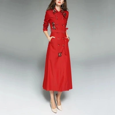 Английский стиль осень весна пальто для женщин Регулируемая Талия тонкое пальто с бриллиантами X-long Тренч Женская верхняя одежда B1144 - Цвет: red