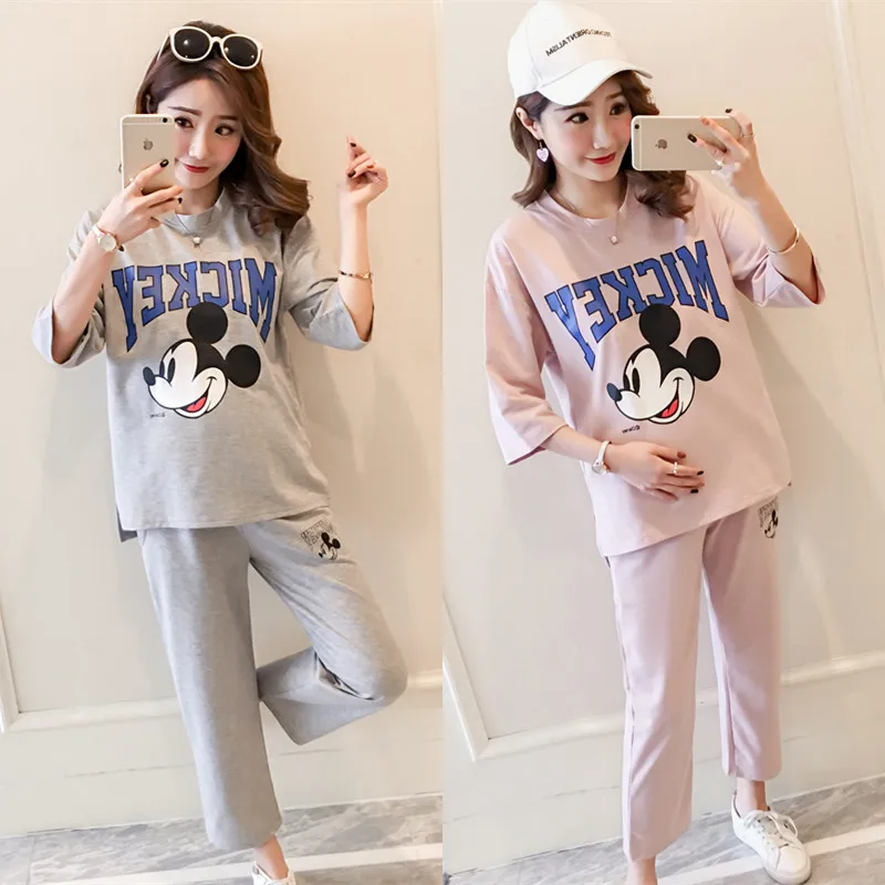 

Cotton Maternity Suit T-shirt+Cropped pants Sets For Pregnant Two Pieces Fashion Clothes For Pregnant Women Plus Size Twinset