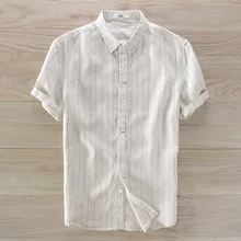 Летняя новая мужская повседневная рубашка в полоску из чистого льна свободная льняная рубашка мужские брендовые белые рубашки с отложным воротником мужские camisa masculina 3XL