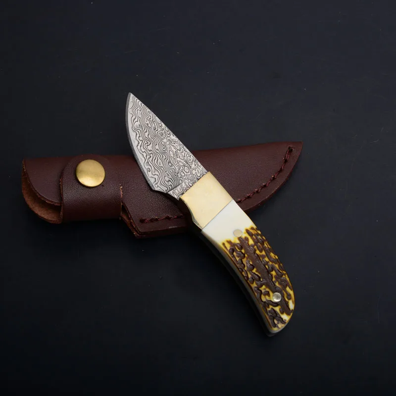 damascus fixed blade knife antler handle outdoor camping hunting survival pocket rescue edc tools  (8)