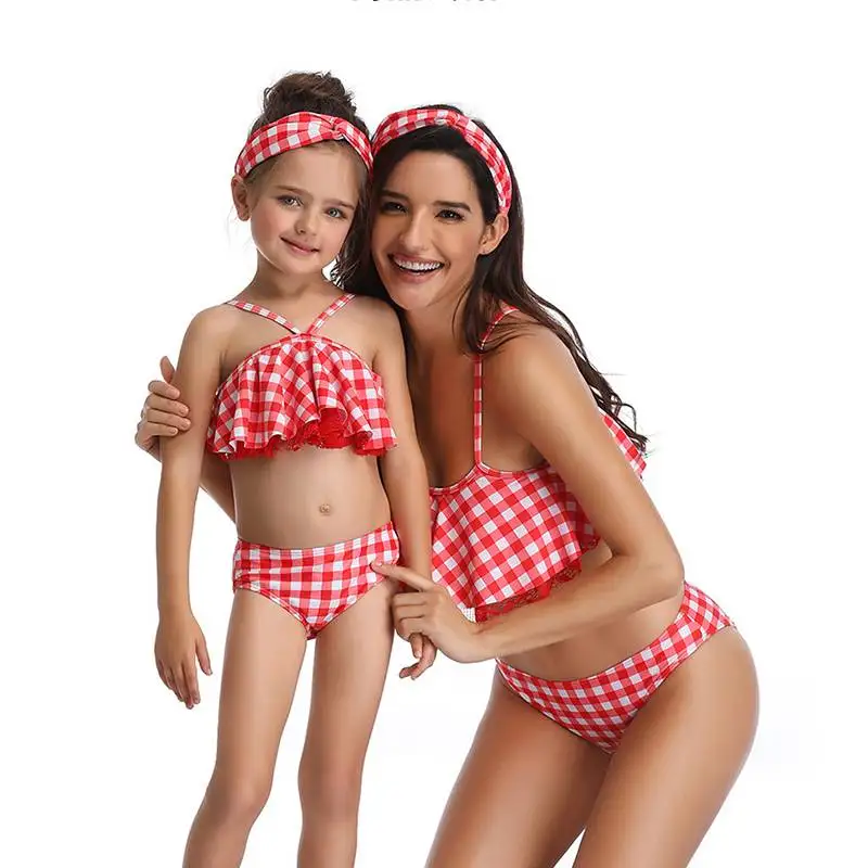 

Mother Girl Bikini Swimsuit Set Mom And Daughter Costumes Women Children Baby Bath Beach Child Split swimsuit hairband not send