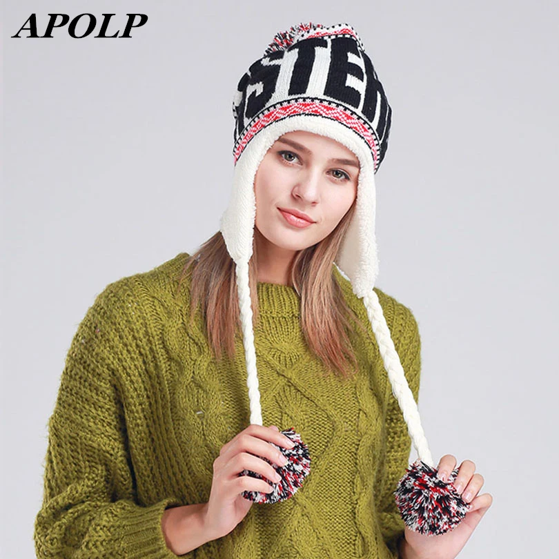 

APOLP 2017 New Fashion Designer Beanies Winter Hat with Ears Warm Beanie Girl Hats with Top Ball Winter Autumn