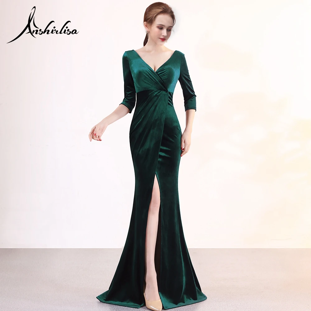 

Anshirlisa Women Velvet Emerald Green Evening Dress Long Half Sleeve Empire Waist Sexy Slit Party Gown Elegant Formal Prom Gown